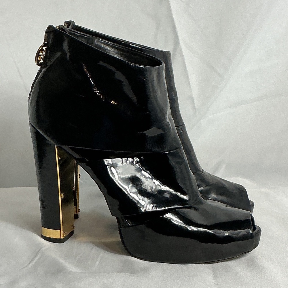 Tory Burch Black Patent Leather Peep Toe Ankle Boots Gold Block Heel Size 8M